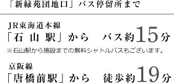 「新緑苑団地口」バス停留所までJR東海道本線「石山駅」からバス15分、京阪線「唐橋前駅」から徒歩19分 ※JR石山駅から施設までの無料シャトルバスもございます。