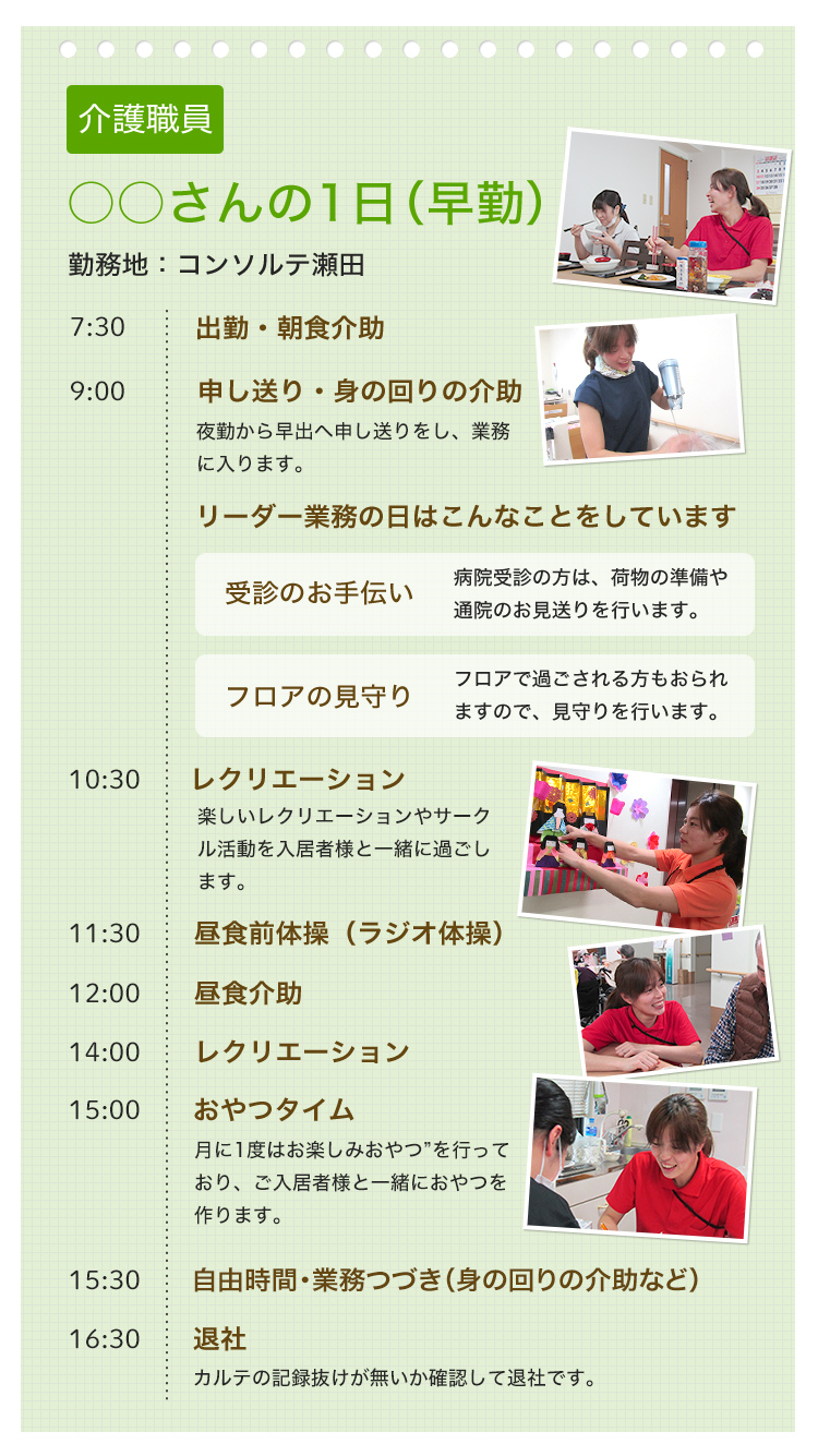 介護士 1日の流れ。出勤・朝食介助。申し送り・身の回りの介助。病院受診のお手伝い、フロアで過ごされる方の見守り。レクリエーション。昼食前体操（ラジオ体操）。昼食介助。レクリエーション。おやつタイム。自由時間・業務のつづき（身の回りの介助など）。カルテに記録して退社。