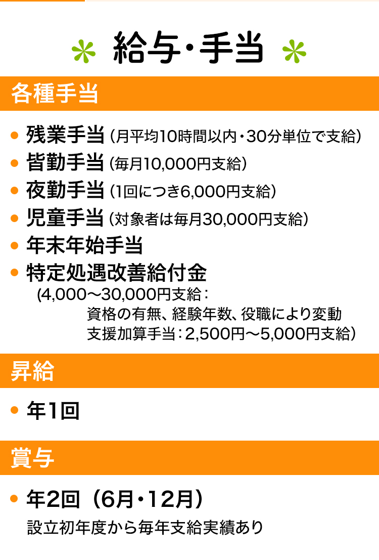 給与・手当。残業手当、皆勤手当、夜勤手当、児童手当、年末年始手当、介護職員等特定処遇改善加算あり。昇給年1回。賞与年2回。